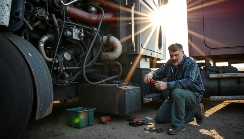 Illustration: mechanic kneeling with his tools by a truck engine in low evening sunlight
