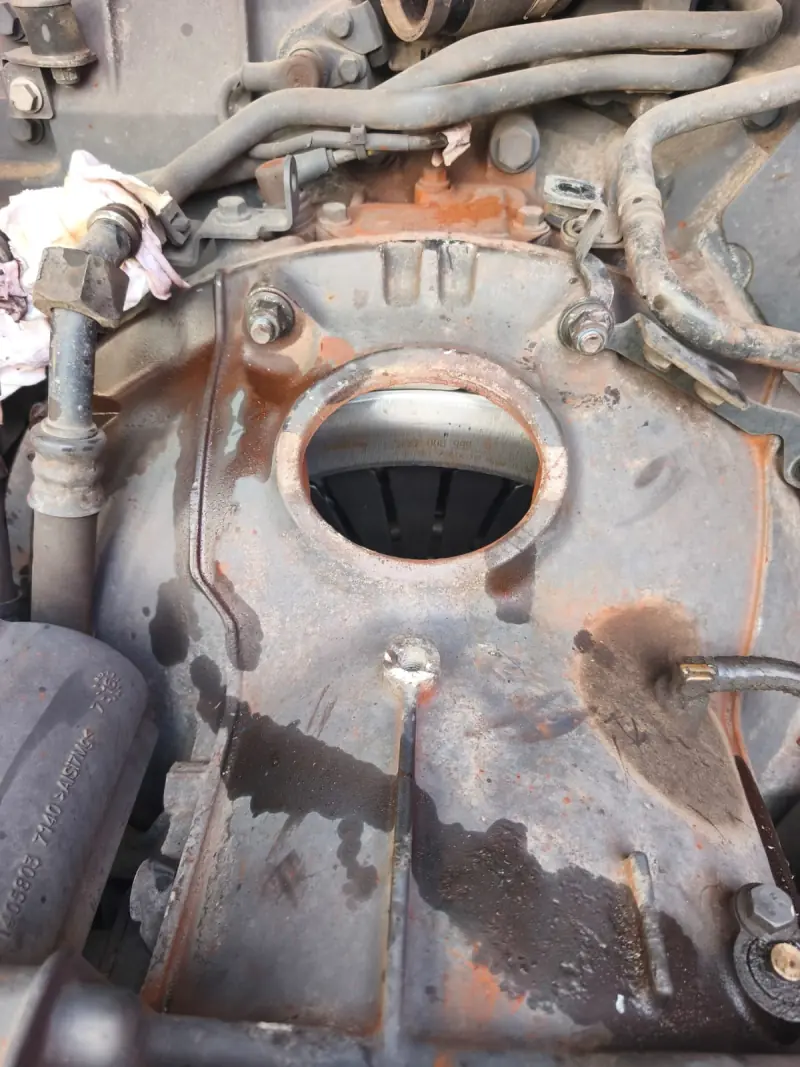 Clutch housing with an inspection opening showing the pressure plate, and oil traces